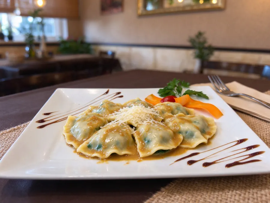 Schlutzkrapfen mit Spinatfüllung, Parmesan und Nussbutter auf einem weißen Teller
