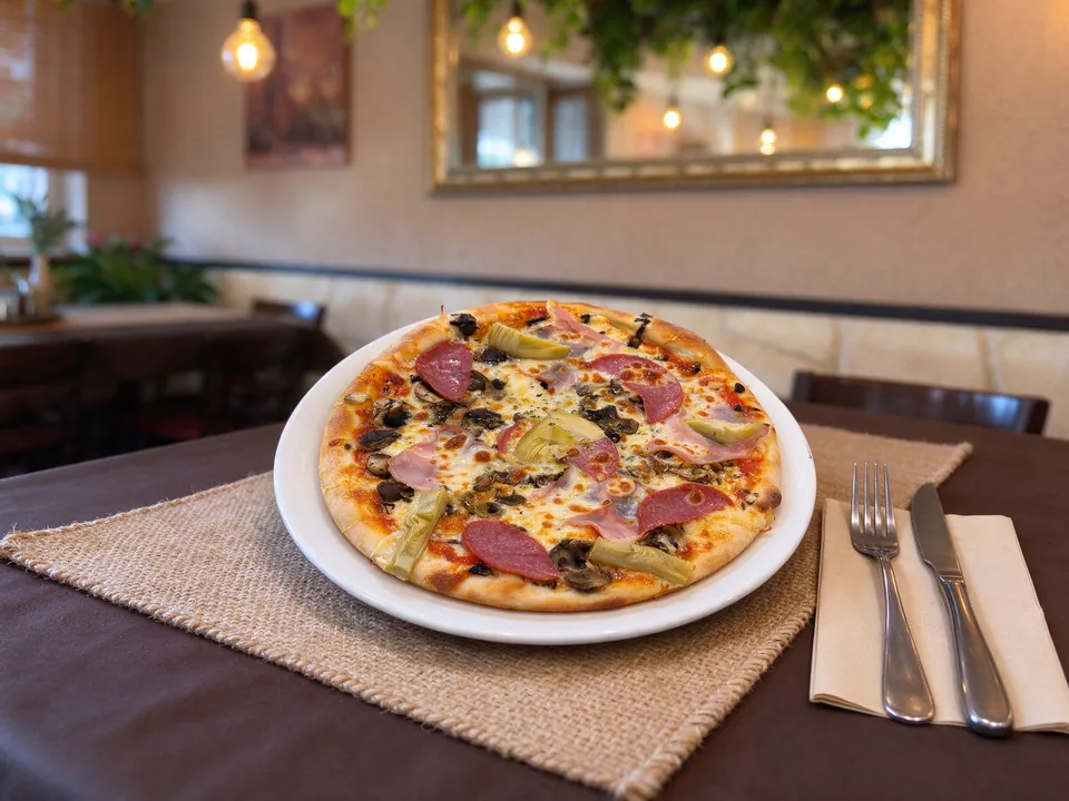 Pizza Monalisa mit Champignons, Salami, Schinken und Artischocken auf einem gedeckten Tisch im Alpen Cavallino